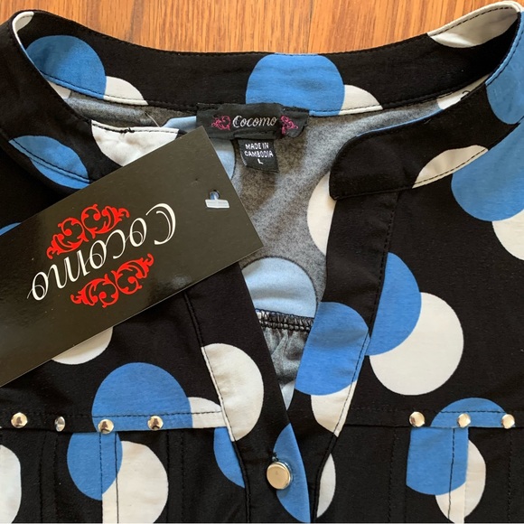 COCOMO Large Black blue white 3/4 sleeve studded women's Pintuck Blouse shirt - Picture 9 of 16